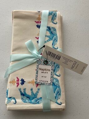 Chico's Cream Napkin Set with Aqua & Blue Elephant Motif